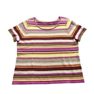 Vintage 90s Embroidered Striped Knit Top XL Indie Folk Whimsical Layering Boho‎